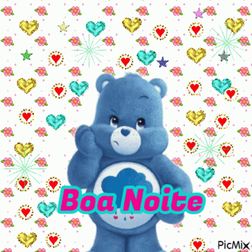 A Care Bear Is Surrounded By Hearts And Flowers And Says Boa Noite On The Bottom GIF