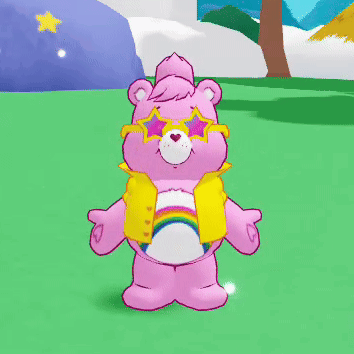 A Care Bear Wearing Sunglasses And A Rainbow Vest GIF