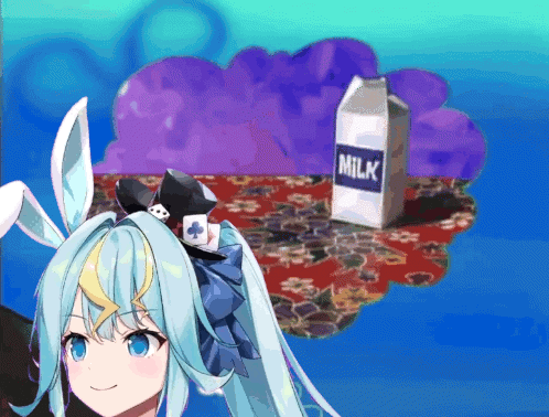 A Carton Of Milk Is Sitting On A Table Next To A Girl With Bunny Ears GIF