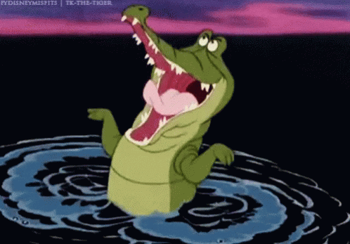 A Cartoon Alligator Is Swimming In The Water With Its Mouth Wide Open . GIF