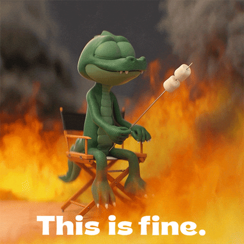 A Cartoon Alligator Sitting In A Director 'S Chair Roasting Marshmallows With The Words This Is Fine Behind Him GIF