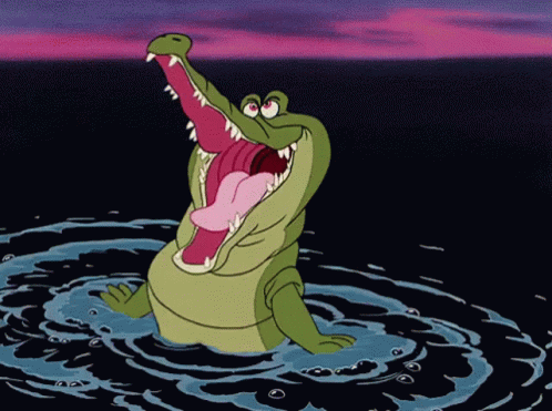 A Cartoon Alligator With Its Mouth Open Is Swimming In The Water GIF