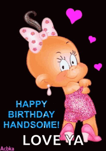 A Cartoon Baby Girl With A Pink Bow On Her Head Says Happy Birthday Handsome ! Love Ya . GIF