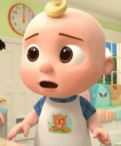 a cartoon baby with a teddy bear on his shirt stands in front of a clock