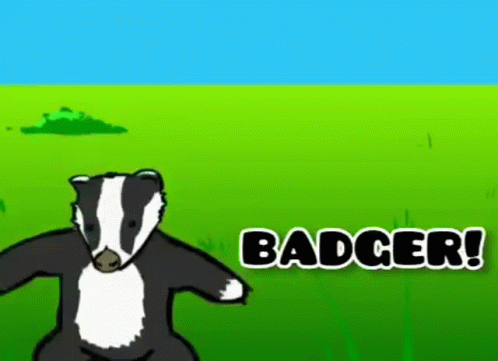 A Cartoon Badger Is Standing In A Grassy Field With The Word Badger Written On The Bottom GIF