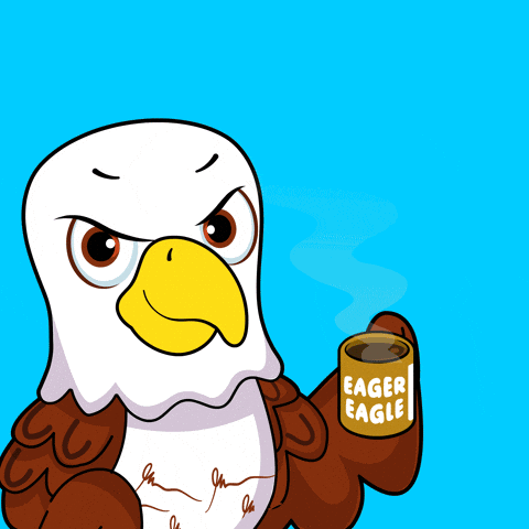 A Cartoon Bald Eagle Holding A Cup That Says " Eager Eagle " GIF