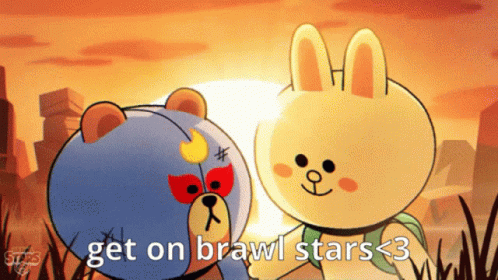 A Cartoon Bear And A Rabbit Holding Hands With The Words Get On Brawl Stars < 3 GIF