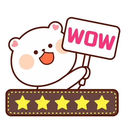 a cartoon bear holds up a sign that says wow