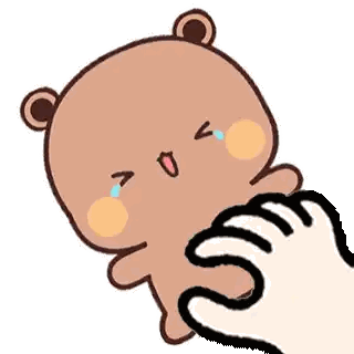 a cartoon bear is crying and being held by a person 's hand