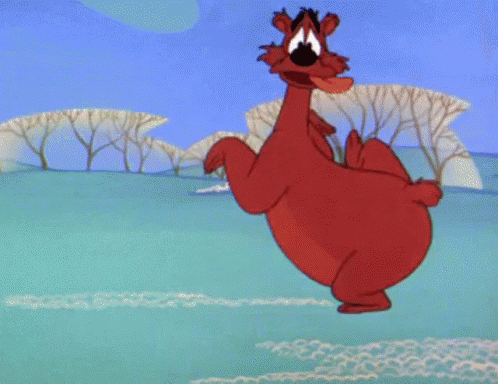 A Cartoon Bear Is Dancing In A Snowy Field With Trees In The Background GIF
