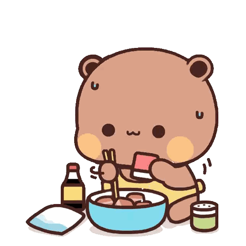 a cartoon bear is eating food with chopsticks