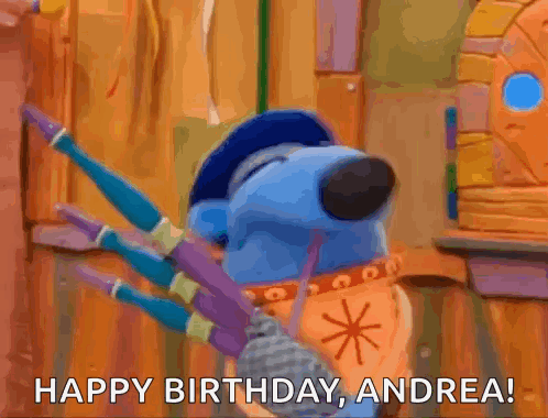 a cartoon bear is holding a brush and says happy birthday andrea
