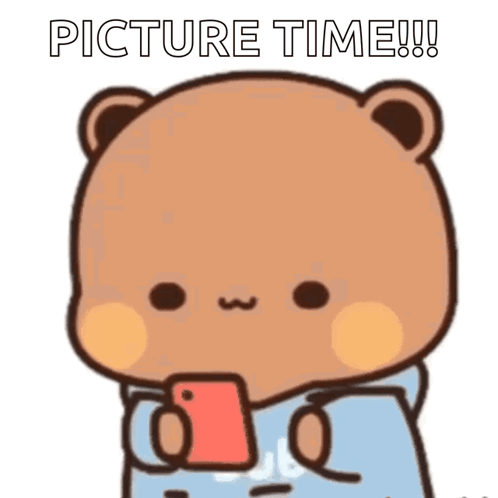 A Cartoon Bear Is Hugging Another Bear With The Words Picture Time Written On The Bottom GIF
