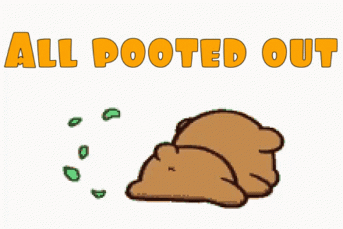 A Cartoon Bear Is Laying Down With The Words All Pooted Out Above Him GIF