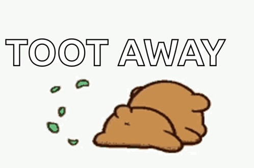 A Cartoon Bear Is Laying Down With The Words Toot Away Written Above It . GIF