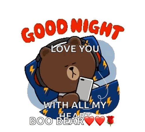 A Cartoon Bear Is Laying In Bed With Headphones On Looking At A Cell Phone And Says Good Night Love You With All My Hear GIF