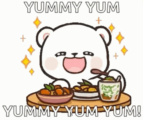 A Cartoon Bear Is Sitting At A Table Eating Food And Drinking A Cup Of Tea . GIF