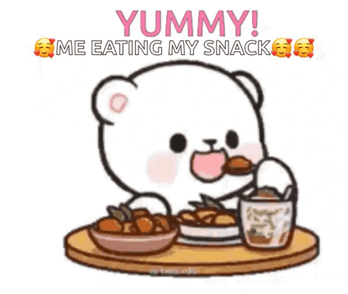 A Cartoon Bear Is Sitting At A Table Eating Food With A Spoon . GIF