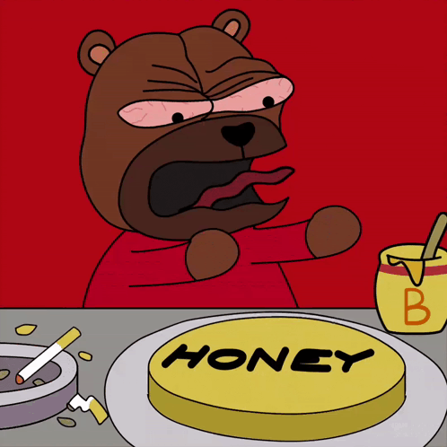 A Cartoon Bear Is Sitting At A Table With A Plate Of Honey And A Jar Of Honey GIF