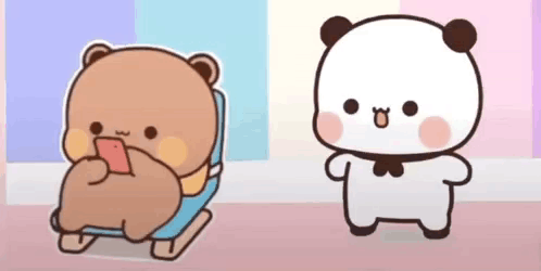 A Cartoon Bear Is Sitting On A Chair While Another Bear Is Standing Next To It . GIF