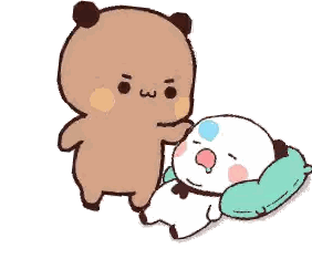 a cartoon bear is standing next to a sleeping panda bear with a bottle of water on its nose .