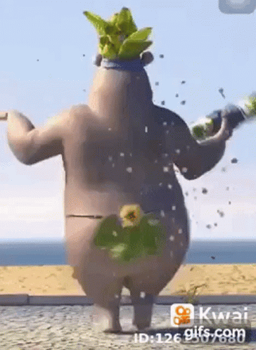 A Cartoon Bear Is Standing On A Beach Holding A Bottle Of Water . GIF