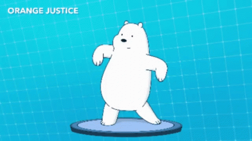 A Cartoon Bear Is Standing On A Blue Circle With The Words Orange Justice Behind Him GIF