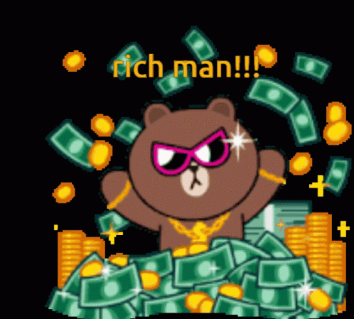 A Cartoon Bear Is Surrounded By A Pile Of Money And The Words " Rich Man " GIF