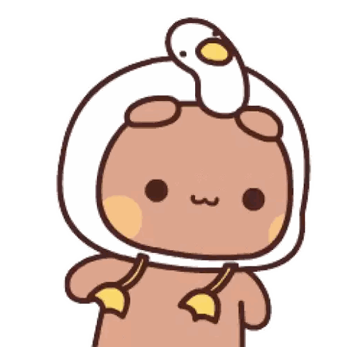 a cartoon bear is wearing a white hat with a duck on it 's head .