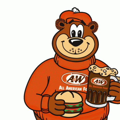 A Cartoon Bear Is Wearing An Aw Sweater And Holding A Beer And A Hamburger GIF