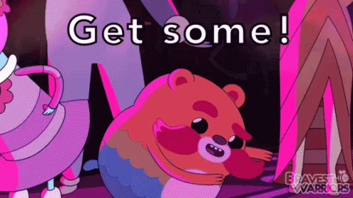 A Cartoon Bear Says Get Some In Front Of A Group Of Cartoon Characters GIF