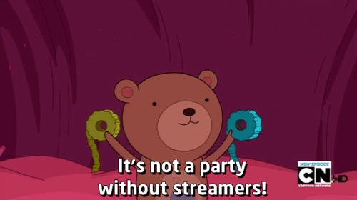 A Cartoon Bear Says It 'S Not A Party Without Streamers In A Purple Background GIF