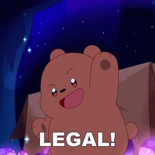 A Cartoon Bear Says " Legal " In A Purple Background GIF