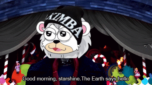 A Cartoon Bear Wearing A Beanie That Says Kimba On It GIF