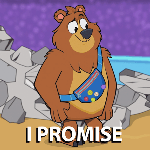 A Cartoon Bear Wearing A Blue Fanny Pack With The Words I Promise Below Him GIF