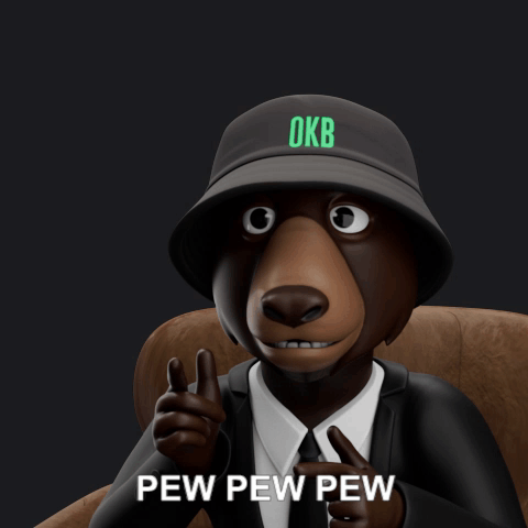 A Cartoon Bear Wearing A Bucket Hat With Okb Embroidered On It GIF