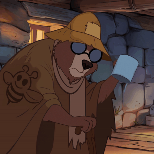A Cartoon Bear Wearing A Hat And Glasses Is Holding A Cup GIF