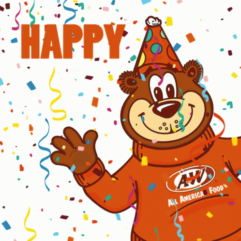 A Cartoon Bear Wearing An A&w Sweater Is Surrounded By Confetti And Ribbons GIF