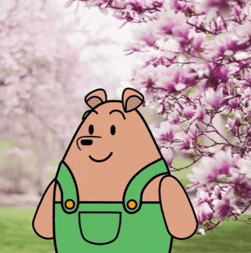 A Cartoon Bear Wearing Green Overalls Is Smiling In Front Of A Tree With Purple Flowers GIF