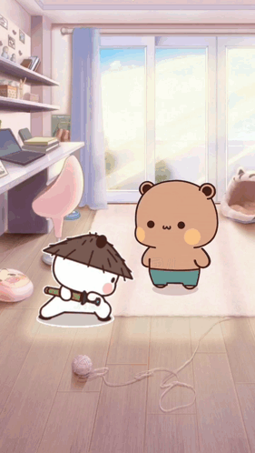 A Cartoon Bear With A Hat Is Standing Next To A White Bear GIF