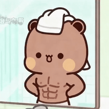 A Cartoon Bear With A Towel On His Head Is Looking At Himself In The Mirror . GIF