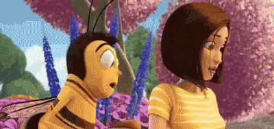 A Cartoon Bee And A Woman Are Standing Next To Each Other In A Field Of Flowers . GIF