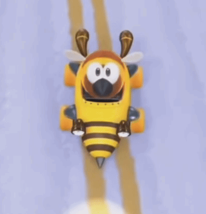 A Cartoon Bee Is Driving Down A Road In A Yellow Vehicle . GIF