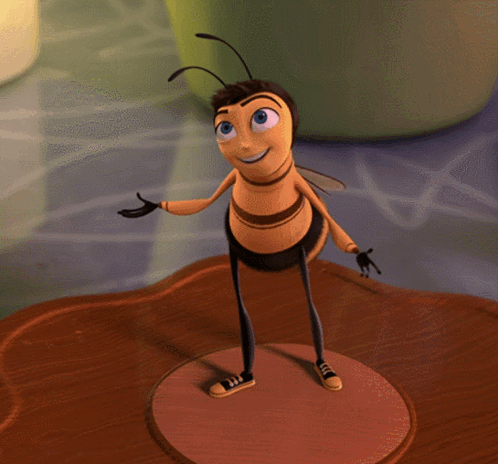 A Cartoon Bee Is Standing On A Brown Surface And Smiling GIF