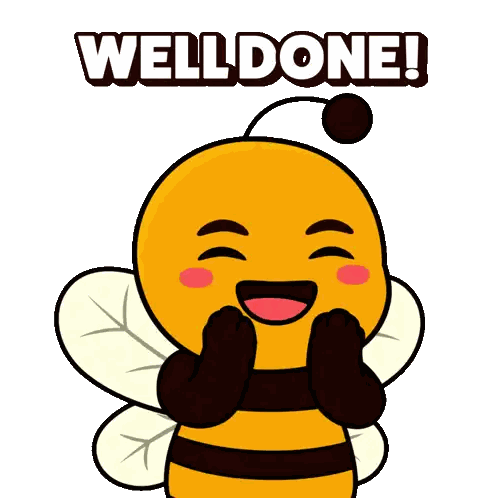 a cartoon bee says well done with its hands on its face