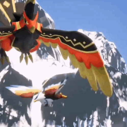 A Cartoon Bird Is Flying Over A Snowy Mountain Range GIF