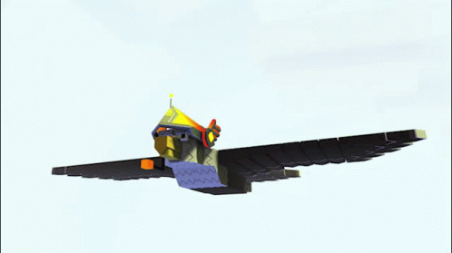 A Cartoon Bird Is Flying Through The Air With A Yellow Hat On GIF
