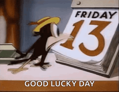 A Cartoon Bird Is Looking At A Calendar With The Number 13 On It . GIF