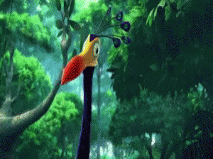 A Cartoon Bird With A Long Neck Is Standing On A Tree Branch In The Jungle . GIF
