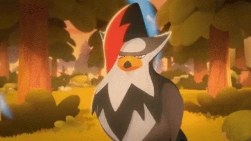 A Cartoon Bird With A Red Stripe On Its Head Is Standing In A Field In A Forest . GIF